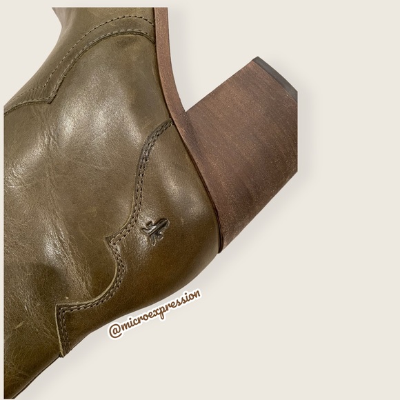$428 Frye Flynn Short Olive Green Real Leather Zip Up Pointy Toe Heel Ankle Boot - Picture 12 of 16